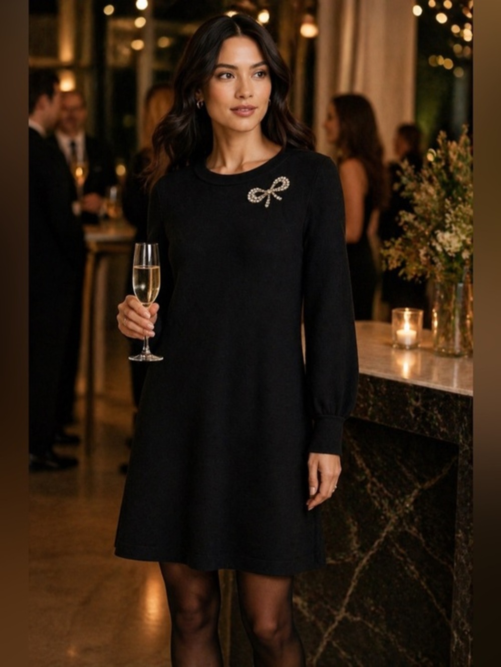 CeCe Sweater Dress Bow Embellishment Long Sleeve A-Line Cocktail Holiday small